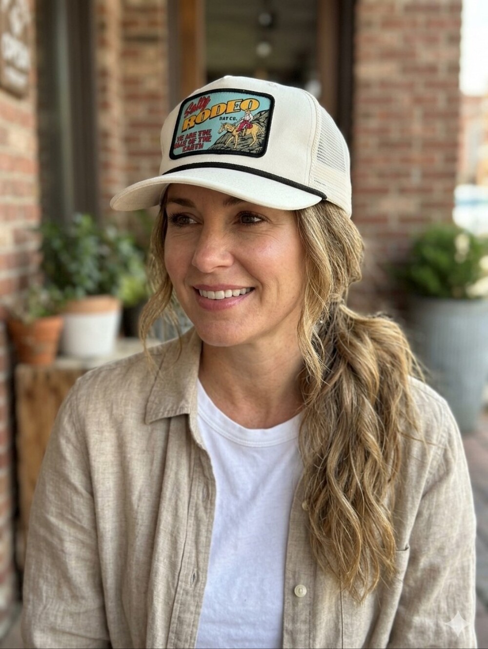 Salty Rodeo Off White Rope-Trim Trucker Hat